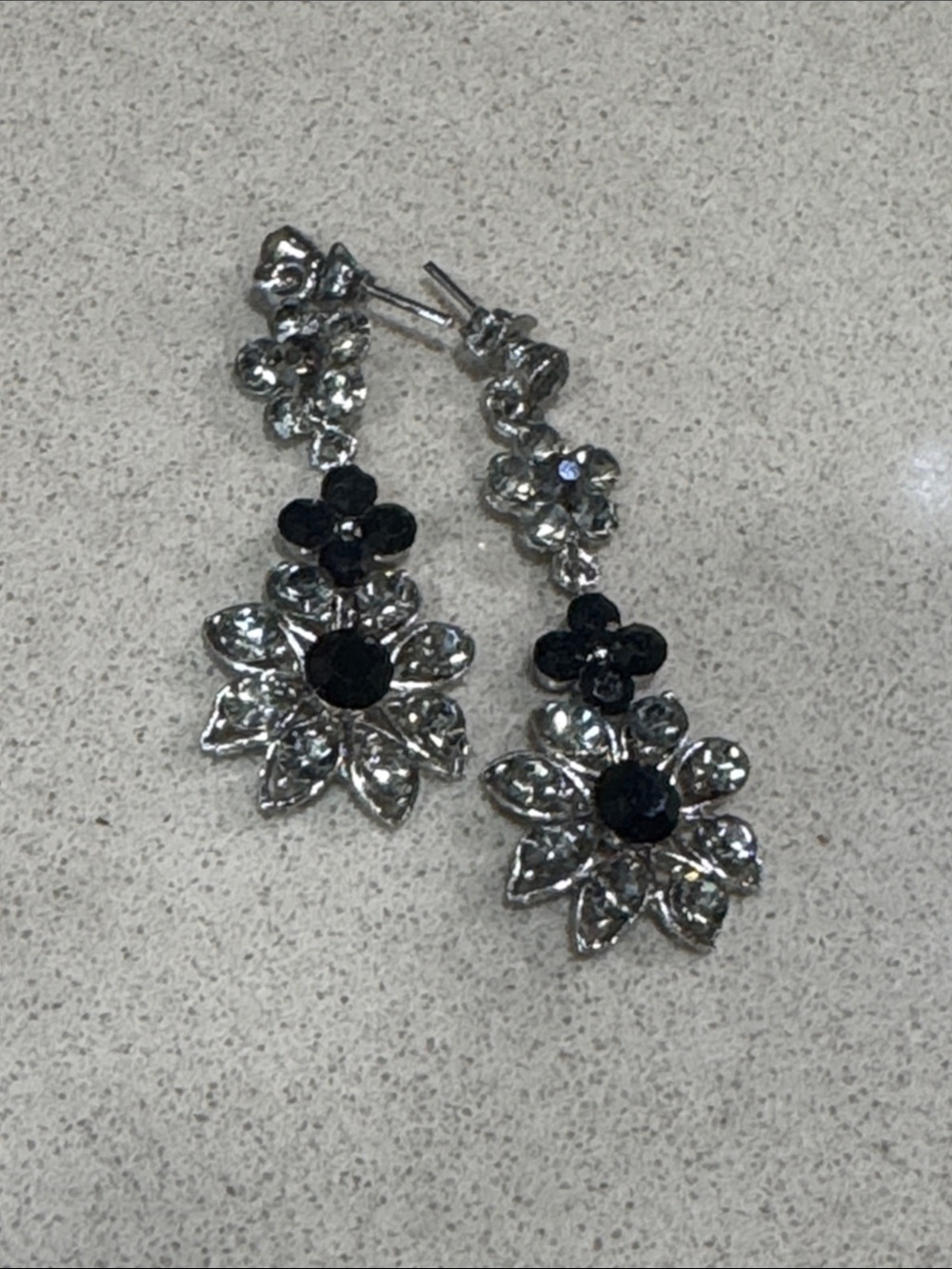 Vintage Swarovski crystalSilver and Black Floral Drop Earrings - Women's Jewelry